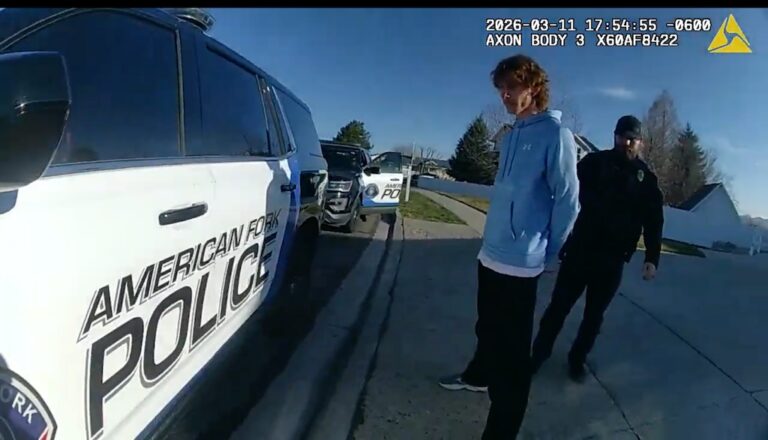Police bodycam footage showing Ben Schneider near an American Fork police car during the Reckless Ben and Bricks & Minifigs dispute
